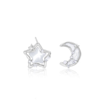 Silver Moon and Star Stud Earrings
