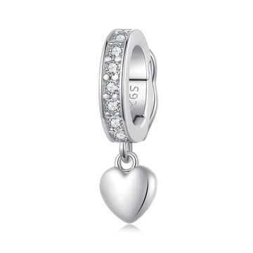 Silver charm with heart detail and clear stones on a white background