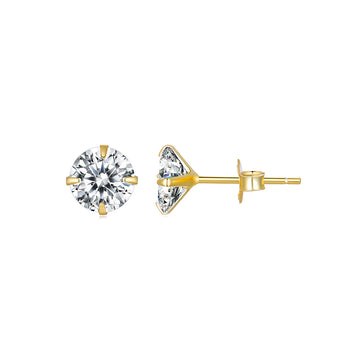 Gold stud earrings with clear gemstones on a white background