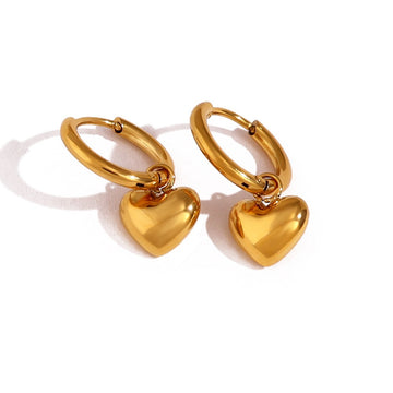 Gold Puff Heart Hoop Earrings