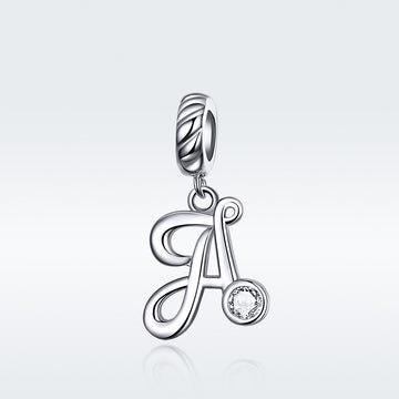 Silver pendant with letter 'A' and small round gemstone on a light gray background
