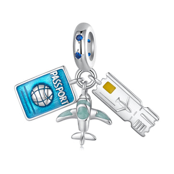 Charm with passport, airplane, and ticket on a white background