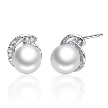 Pearl stud earrings with silver and diamond accents on a white background