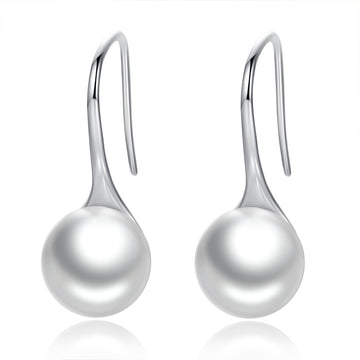 Pair of silver earrings with pearl-like spherical ends on a white background
