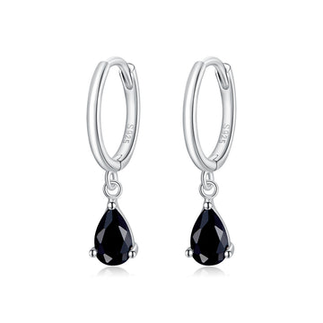 Silver hoop earrings with black teardrop gemstones on a white background