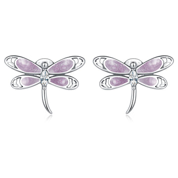 Pair of dragonfly-shaped earrings with pink and silver design on a white background
