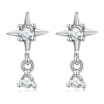 Silver earrings with star design and clear gemstones on a white background