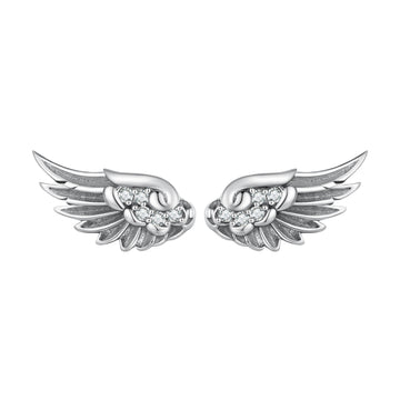 Silver wing-shaped earrings with gemstones on a white background