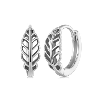 Silver leaf-shaped hoop earrings on a white background