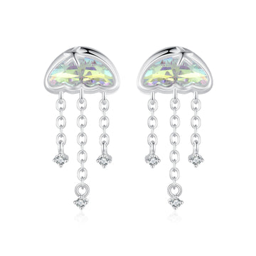 Heart-shaped cloud earrings with dangling crystals on a white background