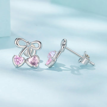Pink Bow Heart Stud Earrings