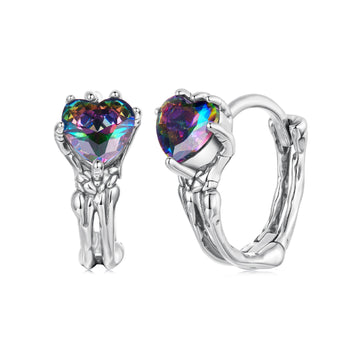 Pair of silver hoop earrings with heart-shaped multicolored gemstones on a white background