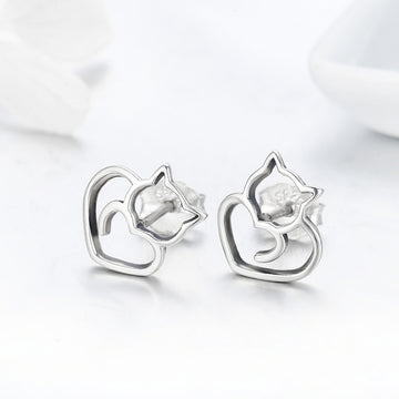 Cat Heart Outline Stud Earrings