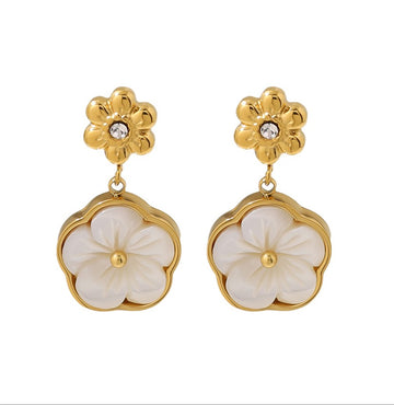 White Enamel Flower Drop Earrings