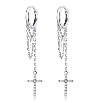 Silver hoop earrings with chain and cross pendants on a white background