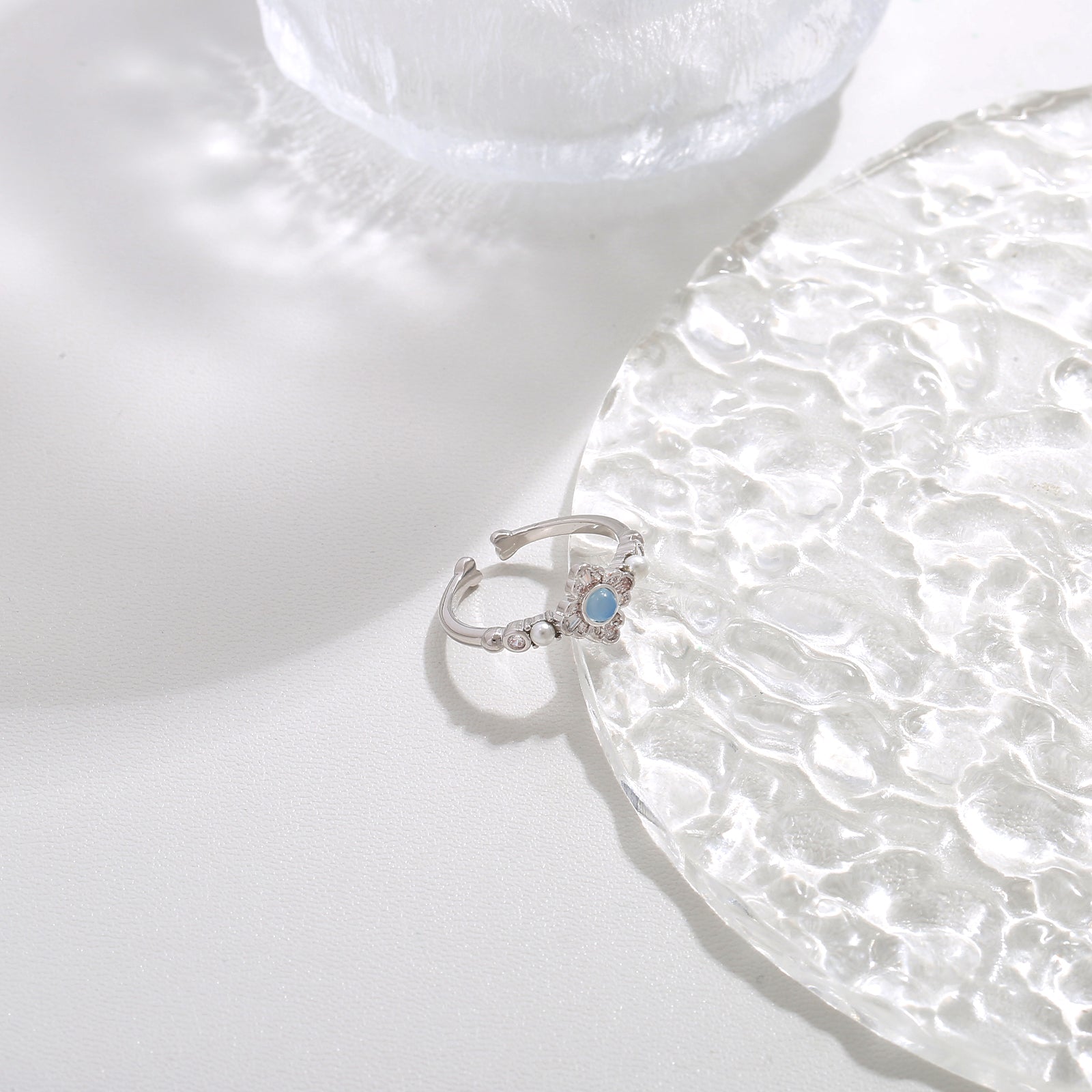 Blue Stone Floral Silver Ring  17mm