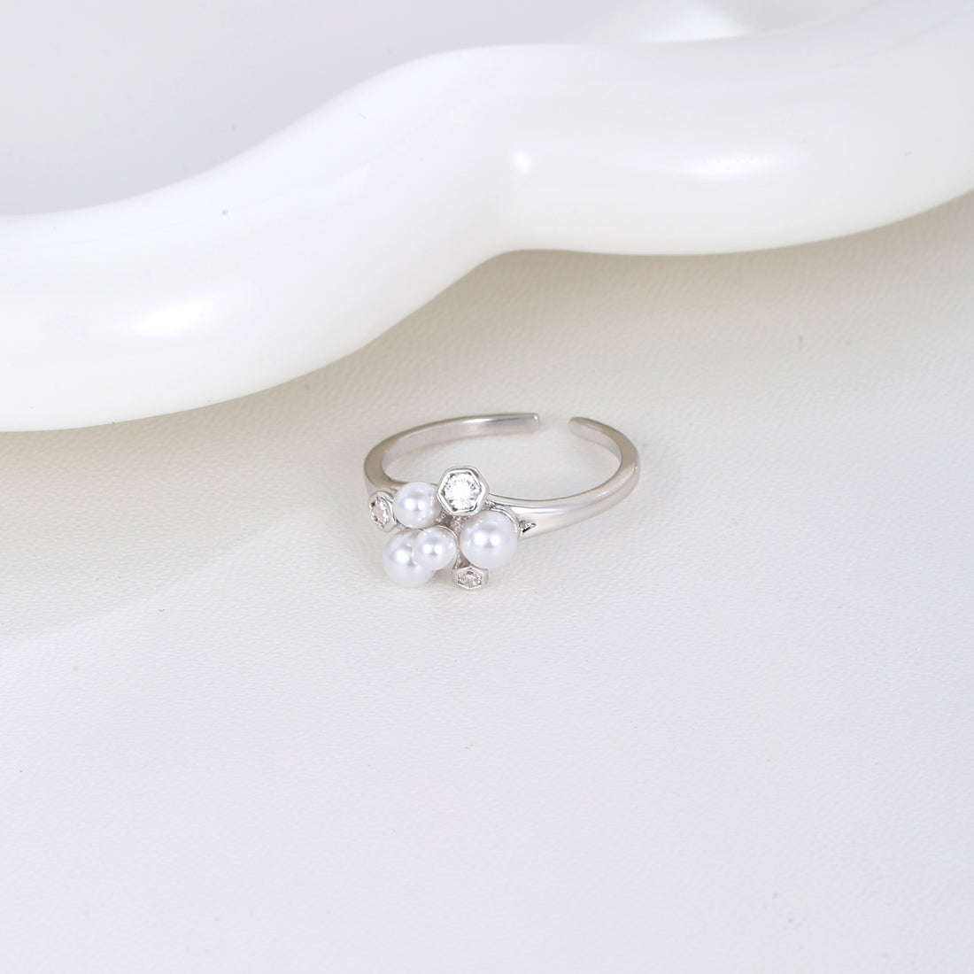 Silver Cluster Pearl and Crystal Ring  17mm