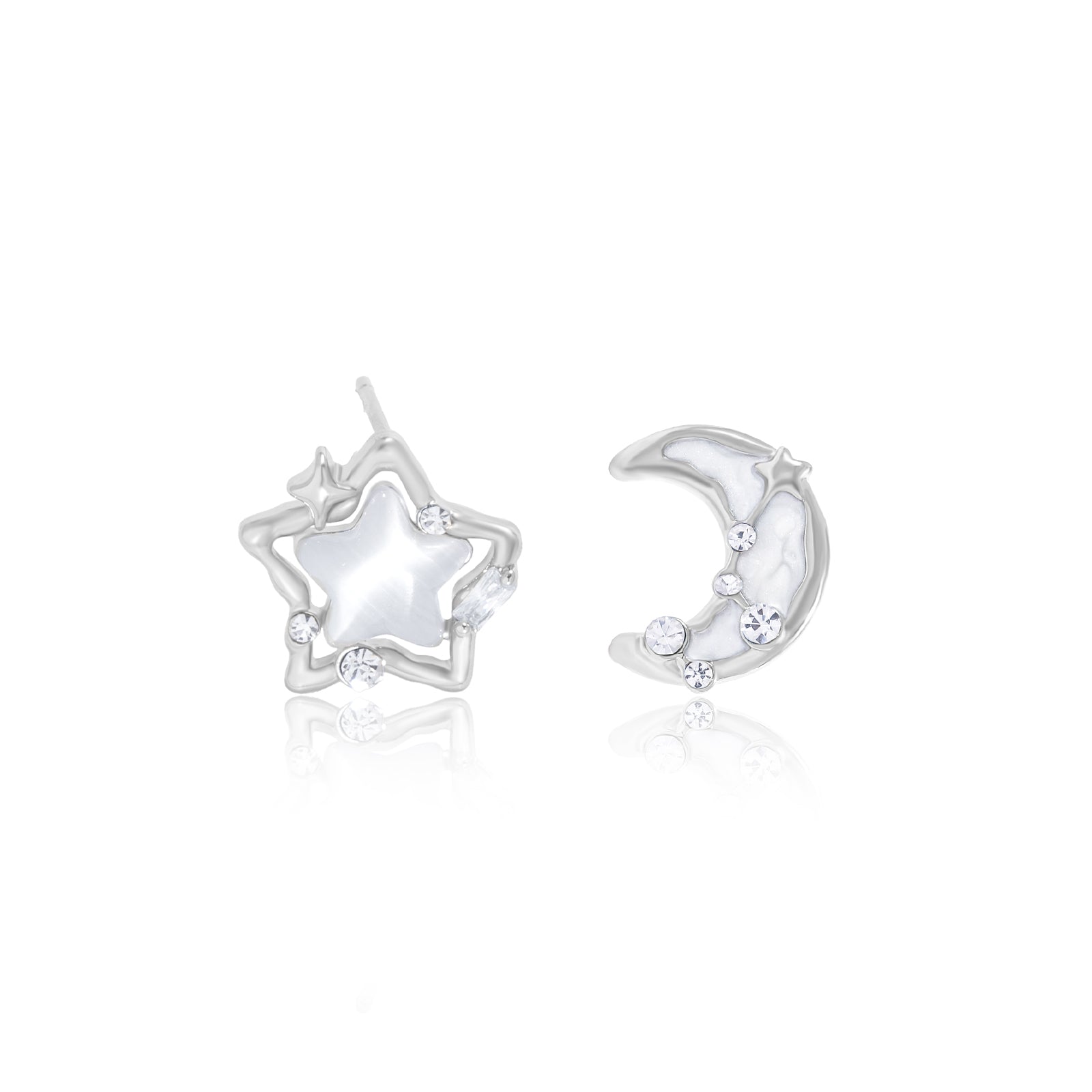 Silver Moon and Star Stud Earrings