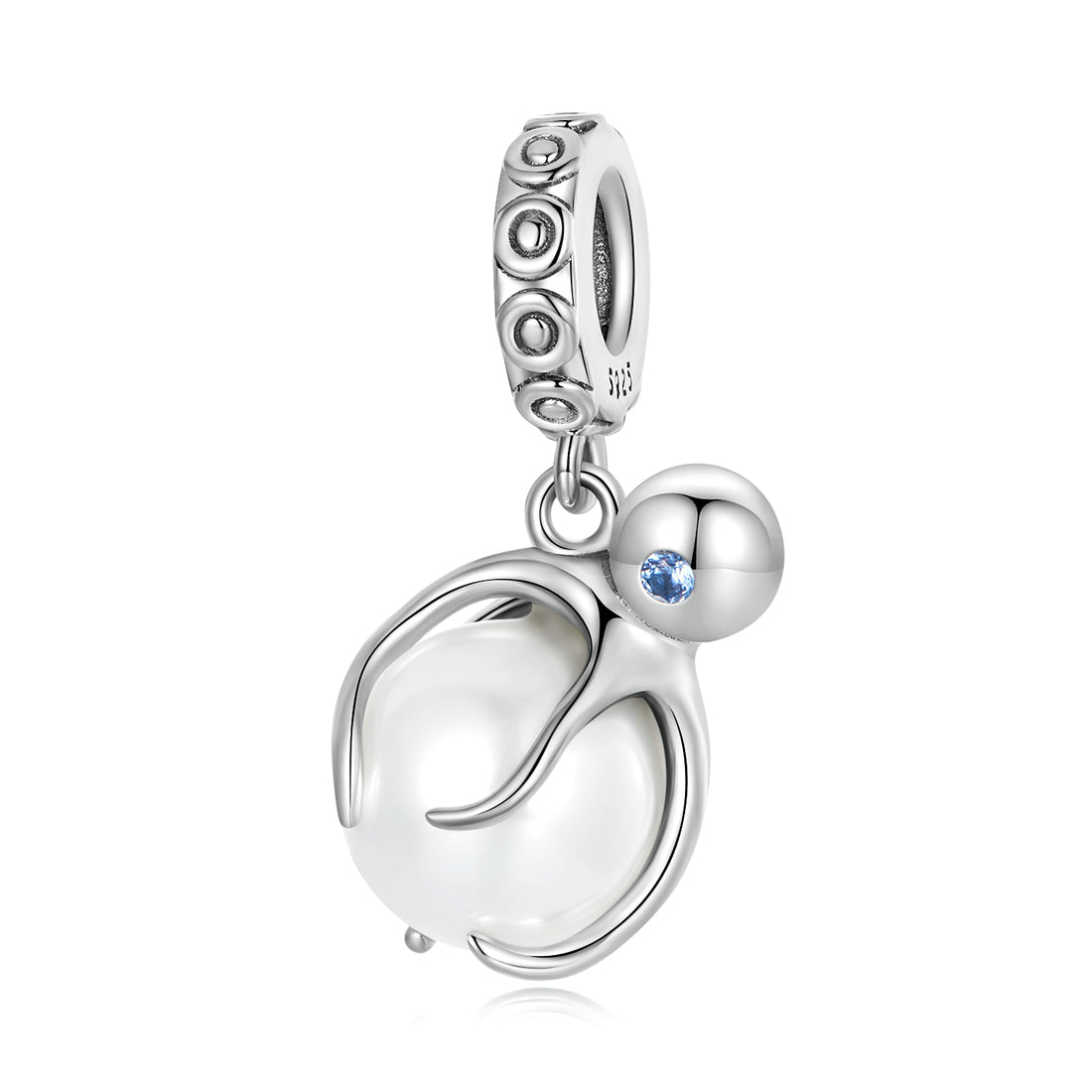 Silver charm with a blue gemstone on a white background