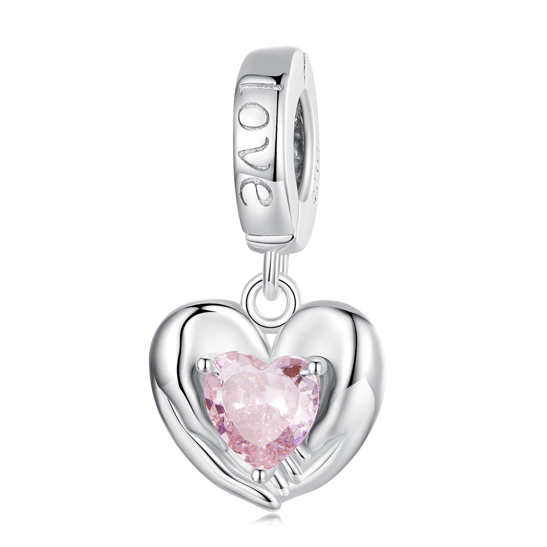 Silver heart-shaped charm with a pink gemstone on a white background