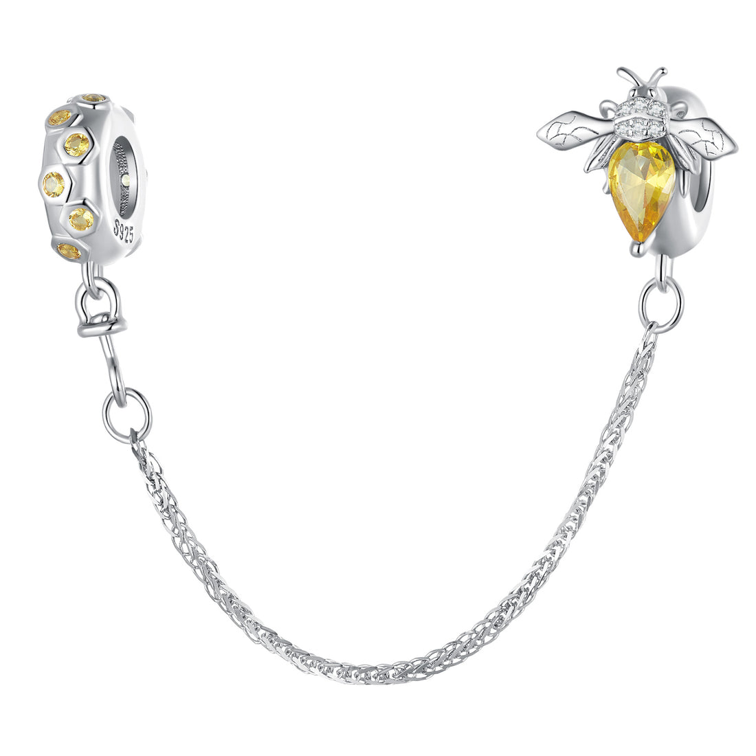 Silver bee-shaped charm with yellow gemstone on a white background