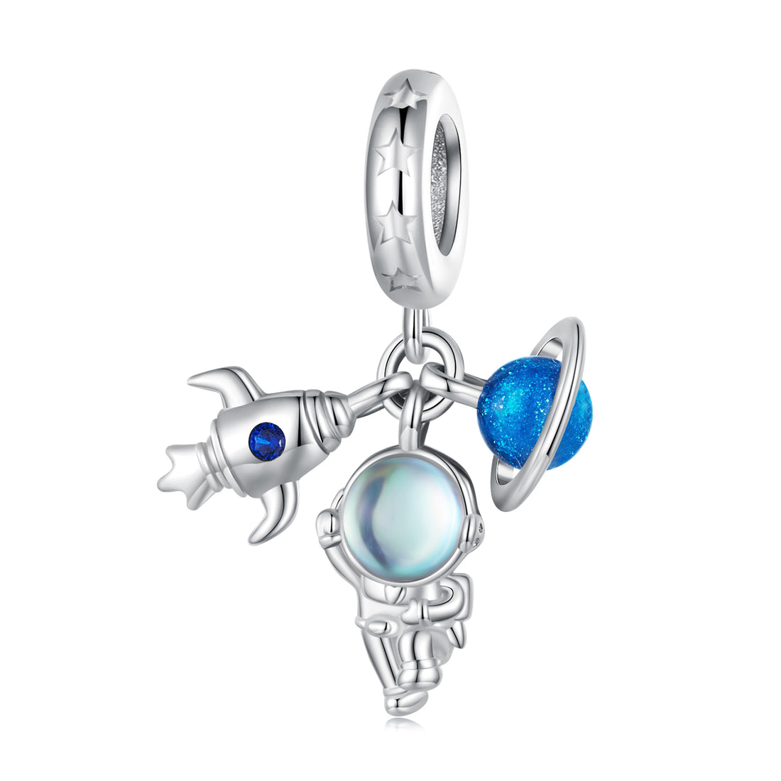 Silver charm with space-themed elements including a rocket, moon, and planet on a white background