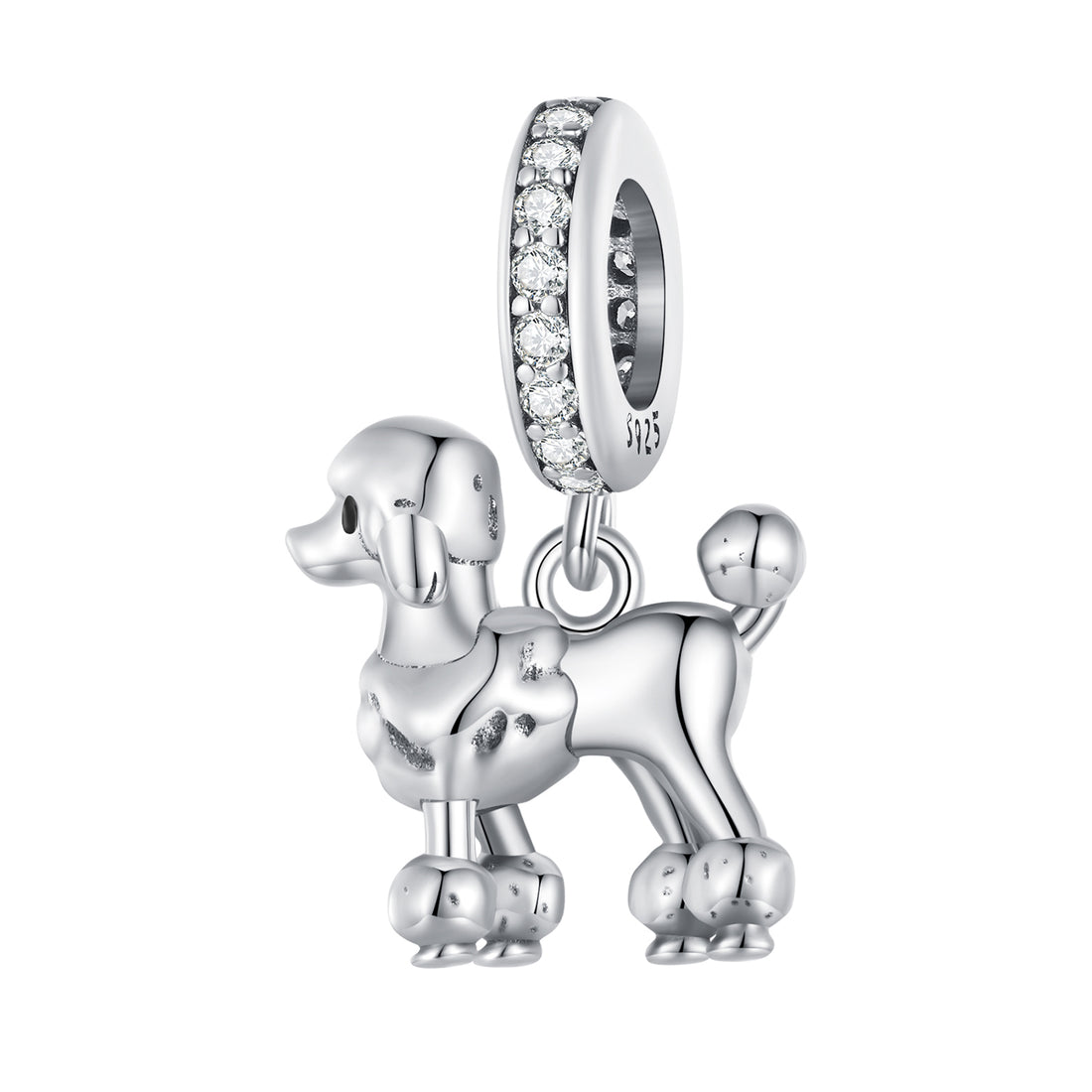 Silver poodle charm with a clear gemstone on a white background