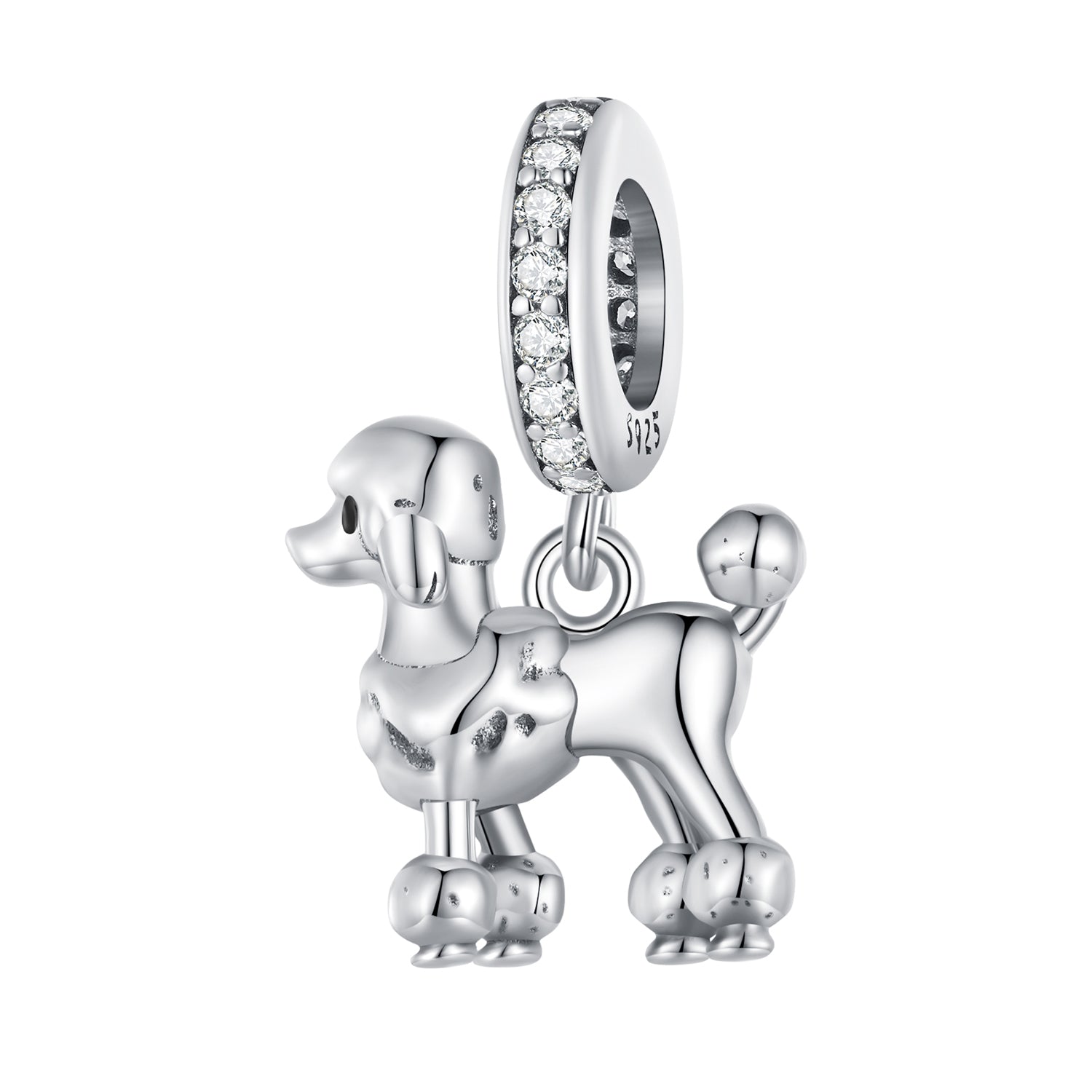 Silver poodle charm with a clear gemstone on a white background