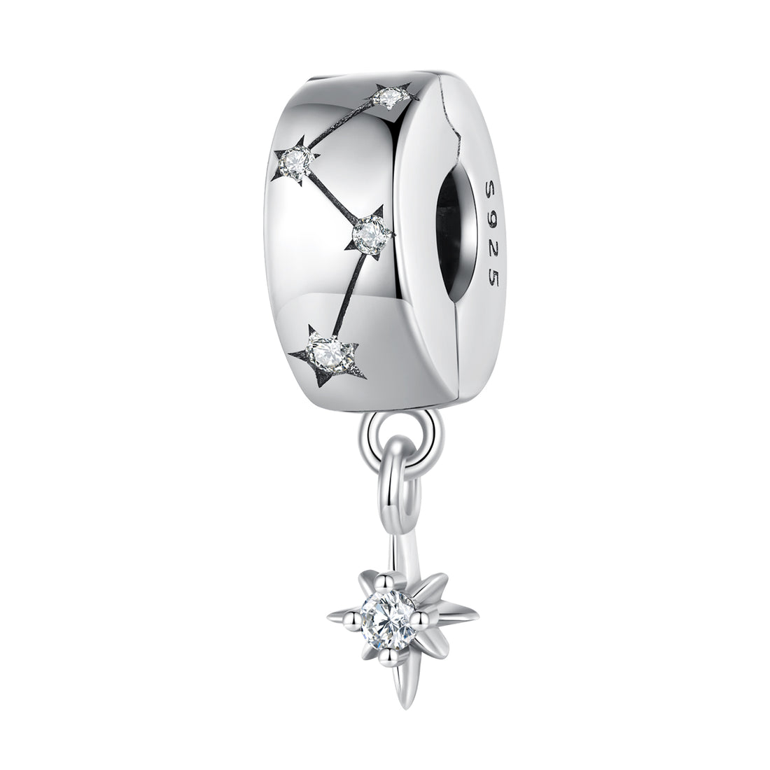 Silver charm with star design on a white background