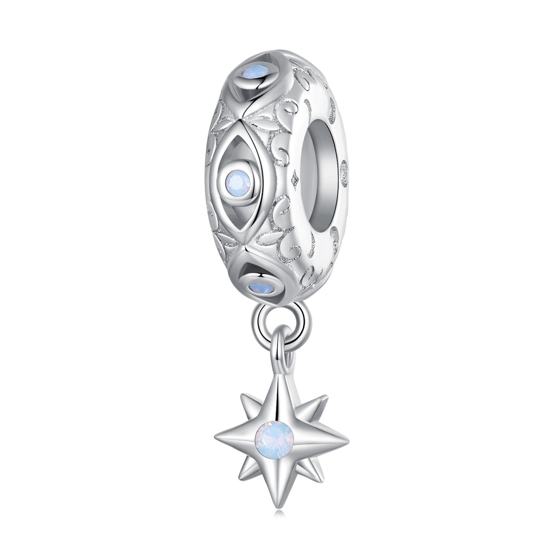 Silver charm with star design and moonstone on a white background