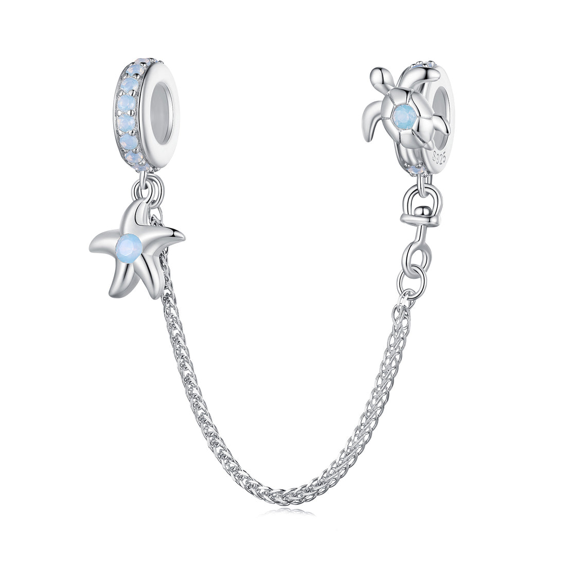 Silver charm with starfish and turtle design on a white background