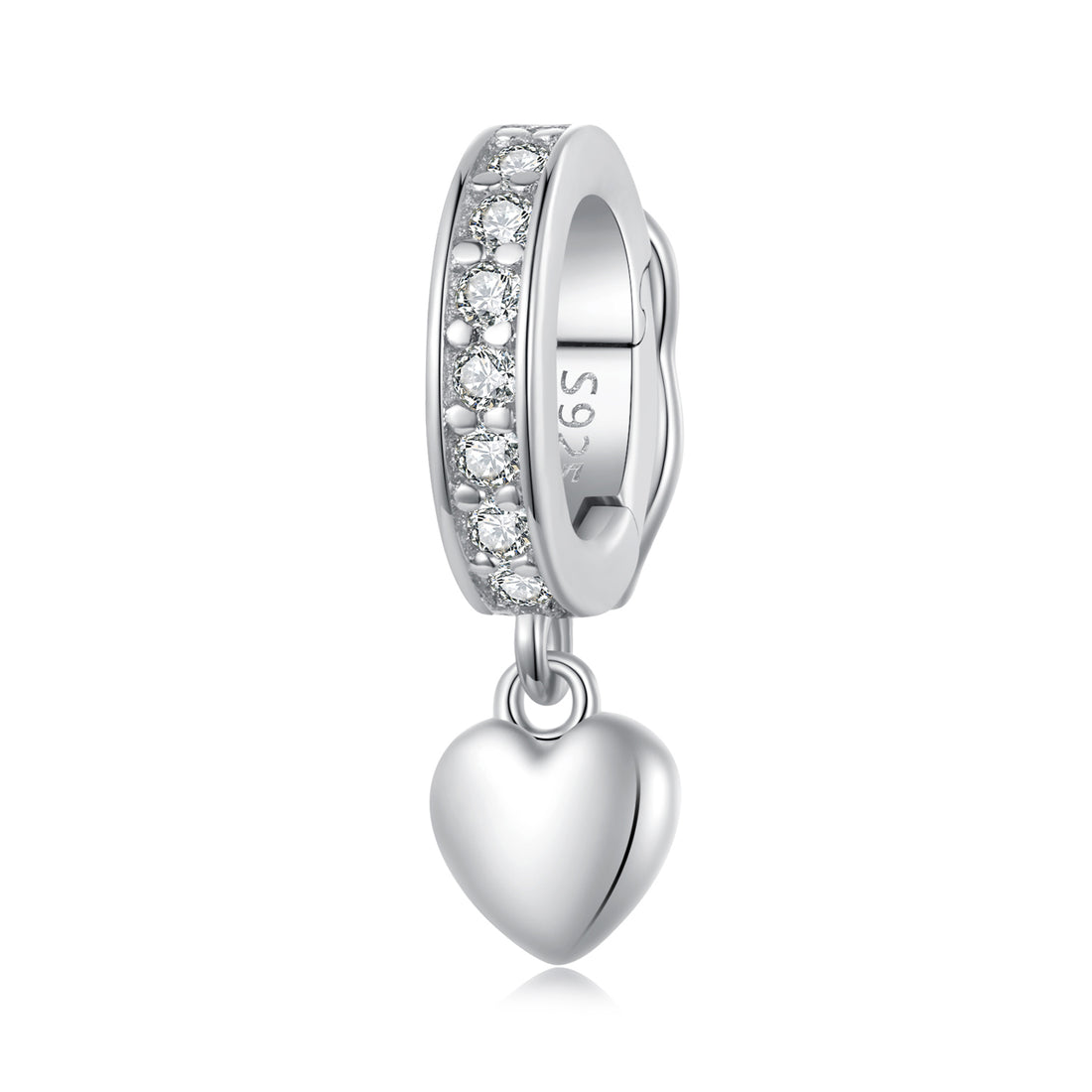 Silver charm with heart detail and clear stones on a white background