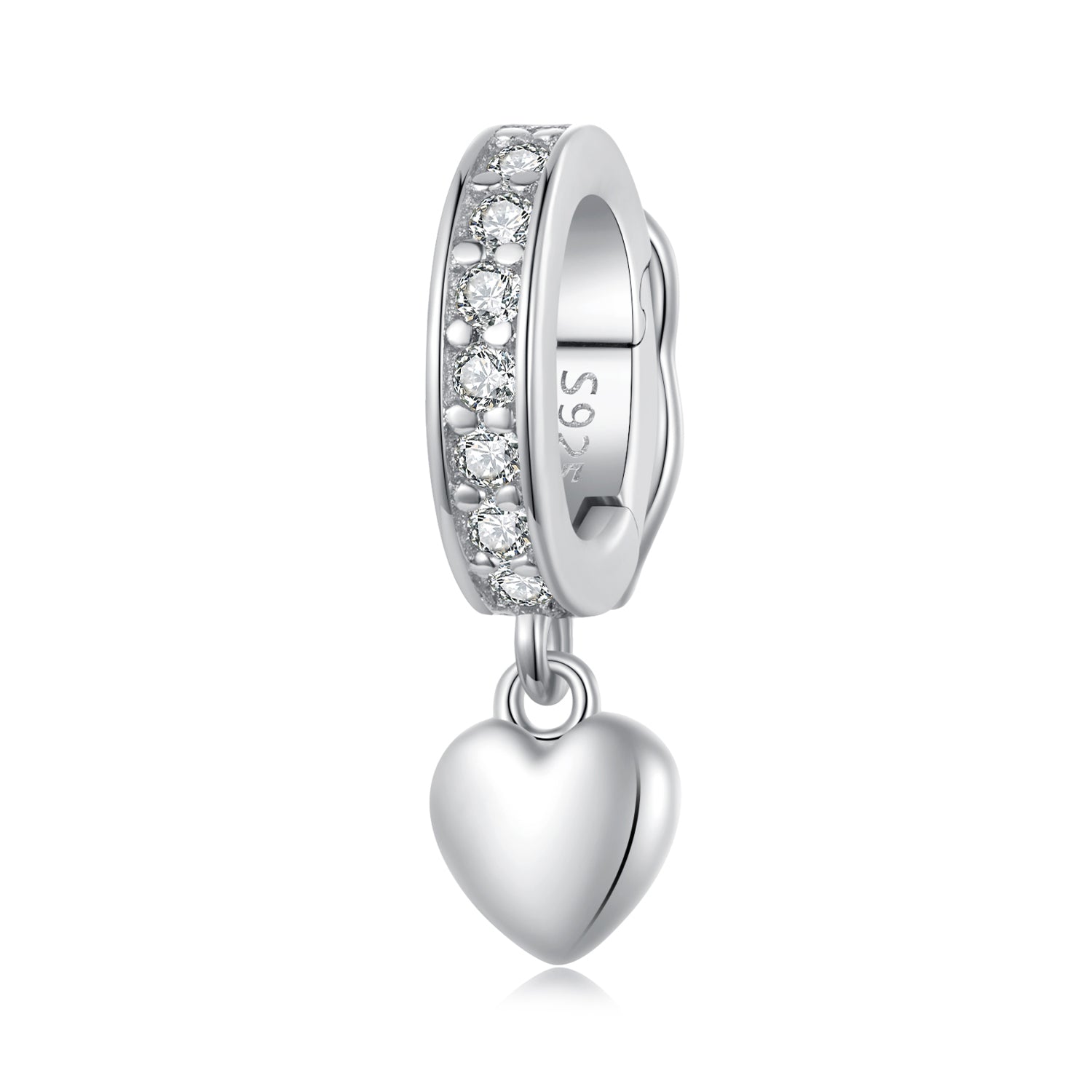 Silver charm with heart detail and clear stones on a white background