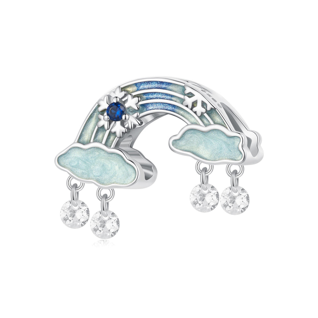 Silver charm with rainbow, clouds, and crystals on a white background