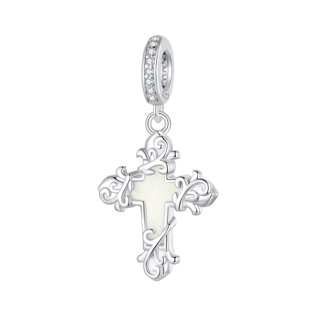 Silver cross pendant with a white center on a white background