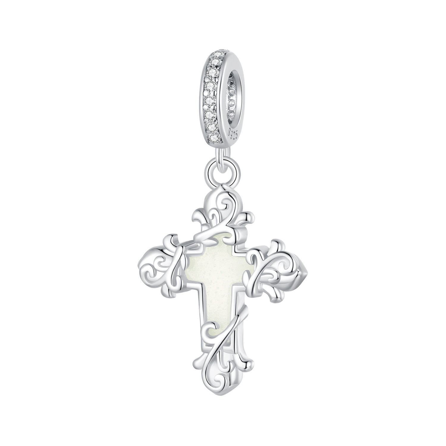 Silver cross pendant with a white center on a white background