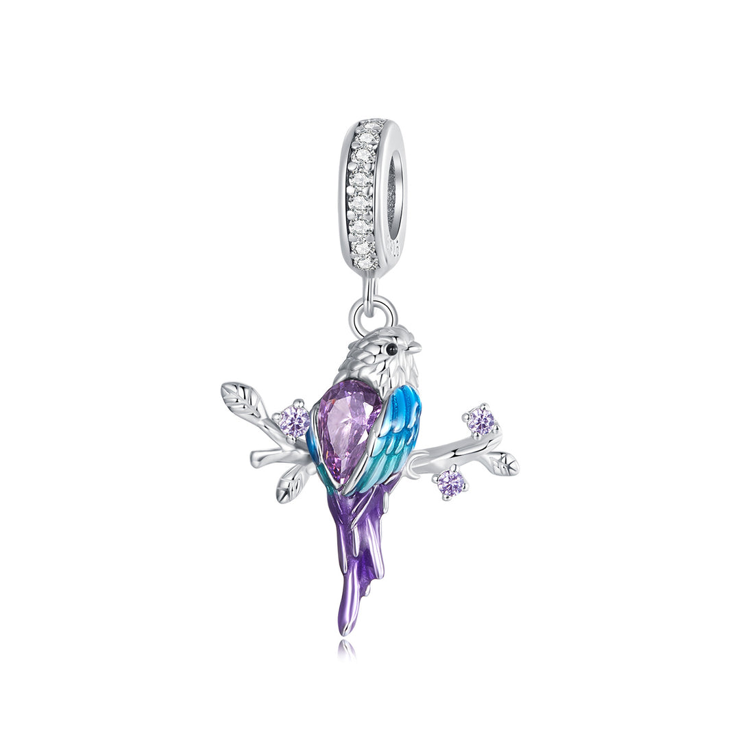 Silver bird charm with purple and blue colors on a white background