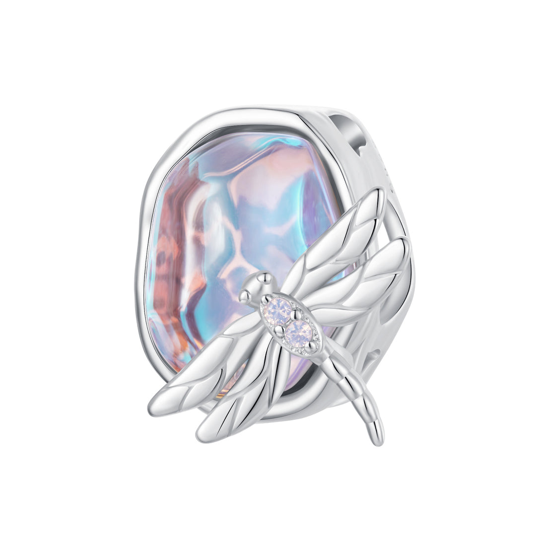 Silver charm with dragonfly design and iridescent stone on a white background