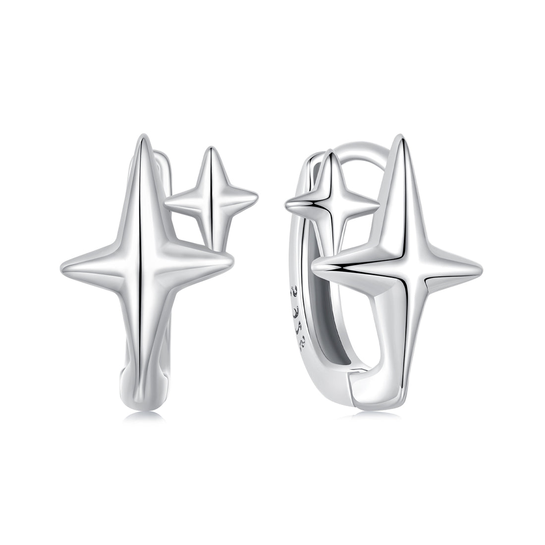 Silver star-shaped earrings on a white background