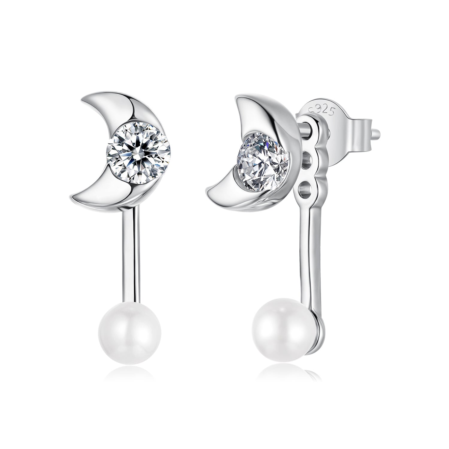Silver moon-shaped earrings with clear gemstones and pearls on a white background
