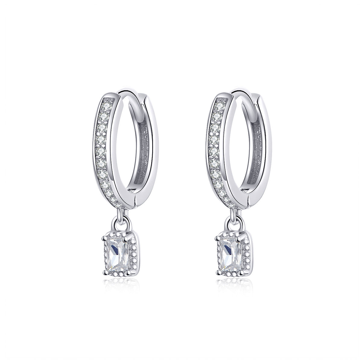 Silver hoop earrings with square drop charms on a white background