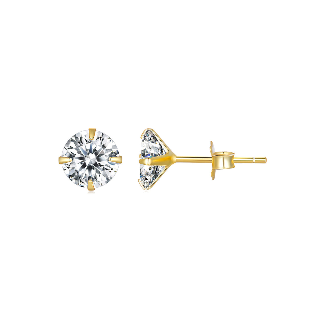 Gold stud earrings with clear gemstones on a white background