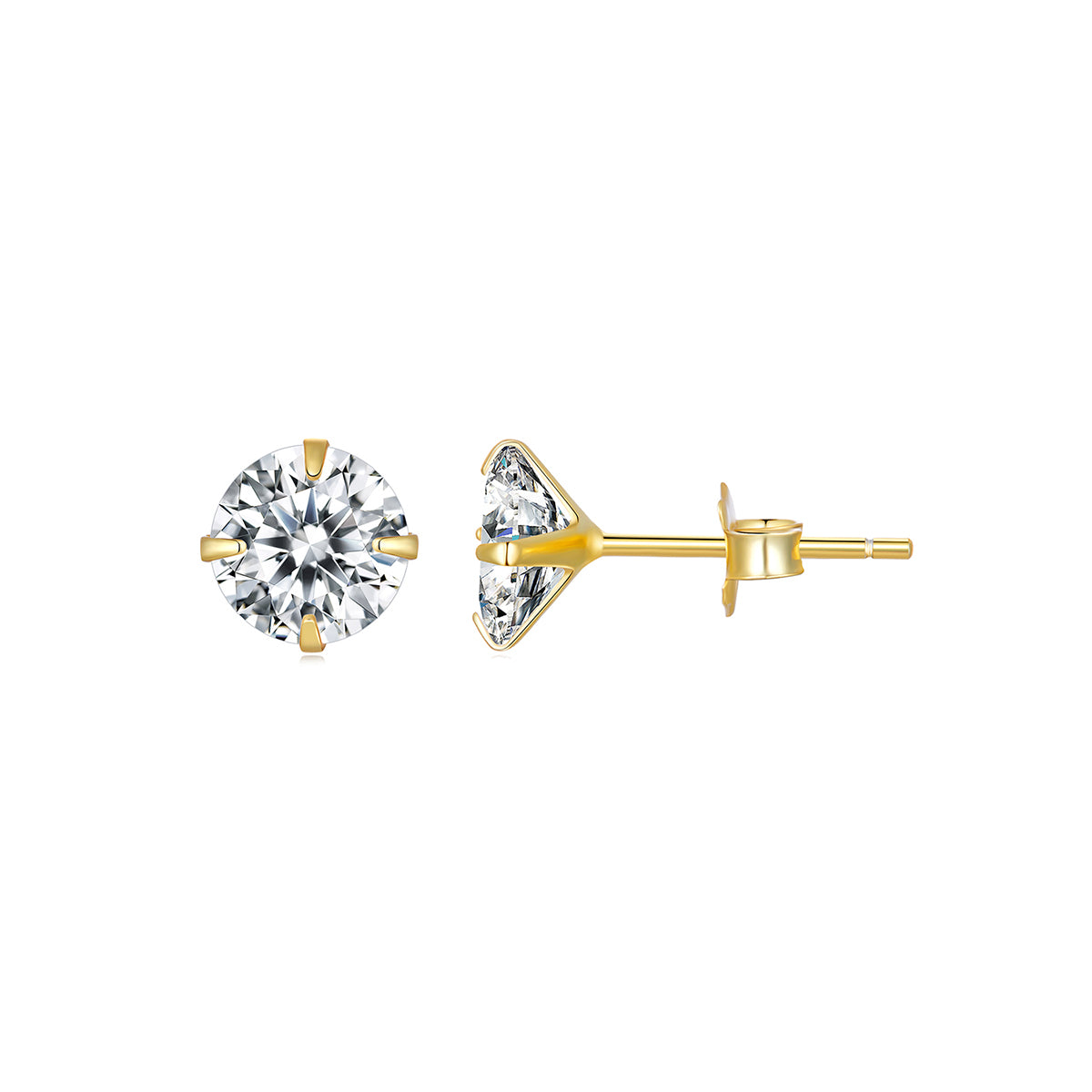 Gold stud earrings with clear gemstones on a white background