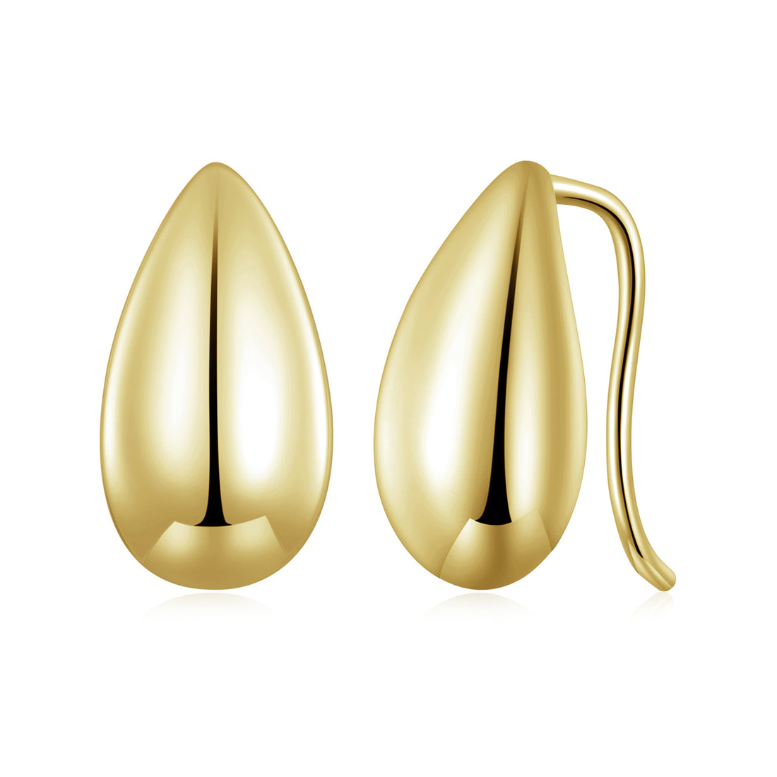 Gold teardrop earrings on a white background
