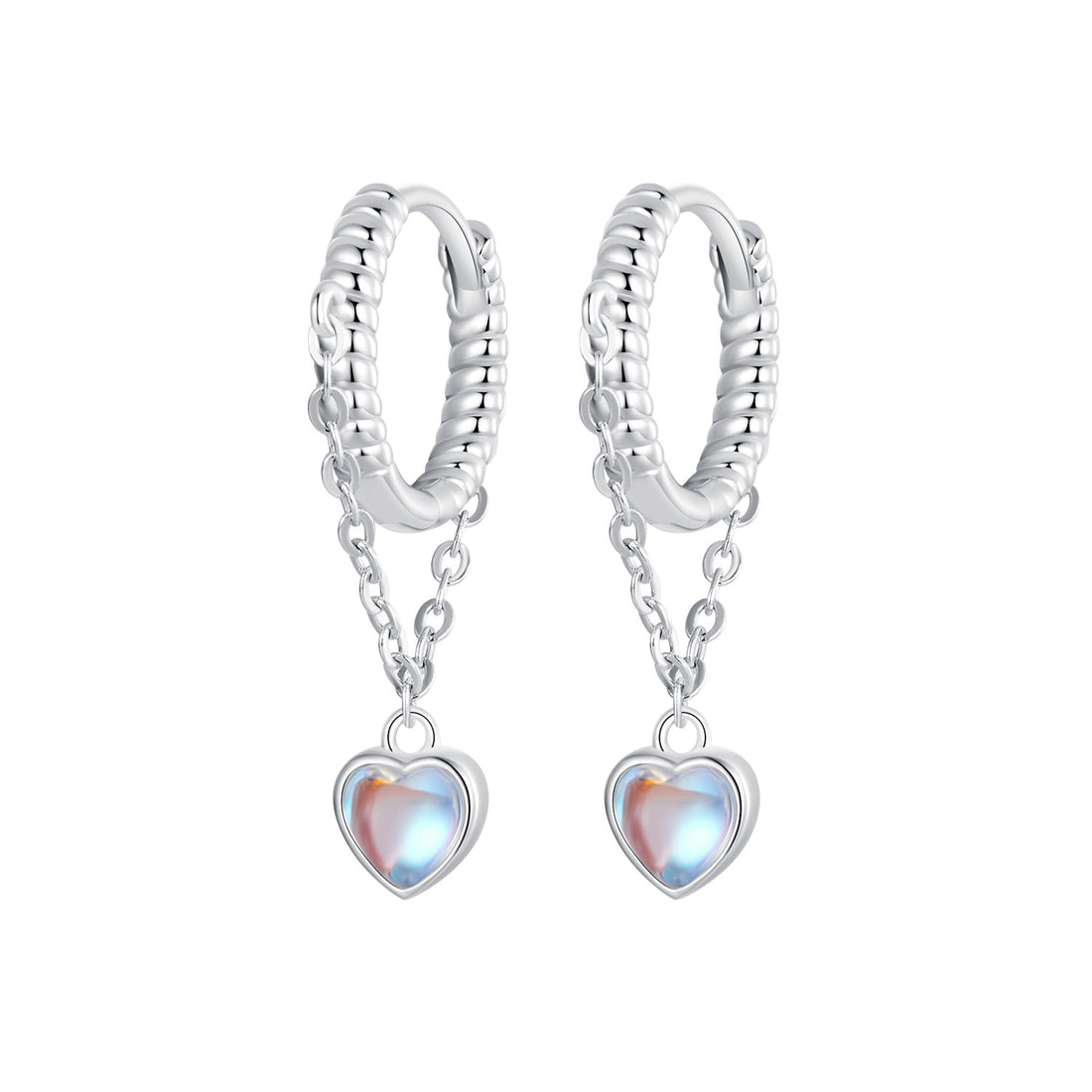 Silver hoop earrings with heart-shaped charms on a white background