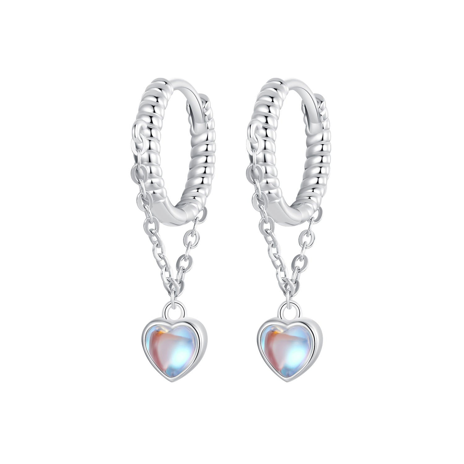Silver hoop earrings with heart-shaped charms on a white background