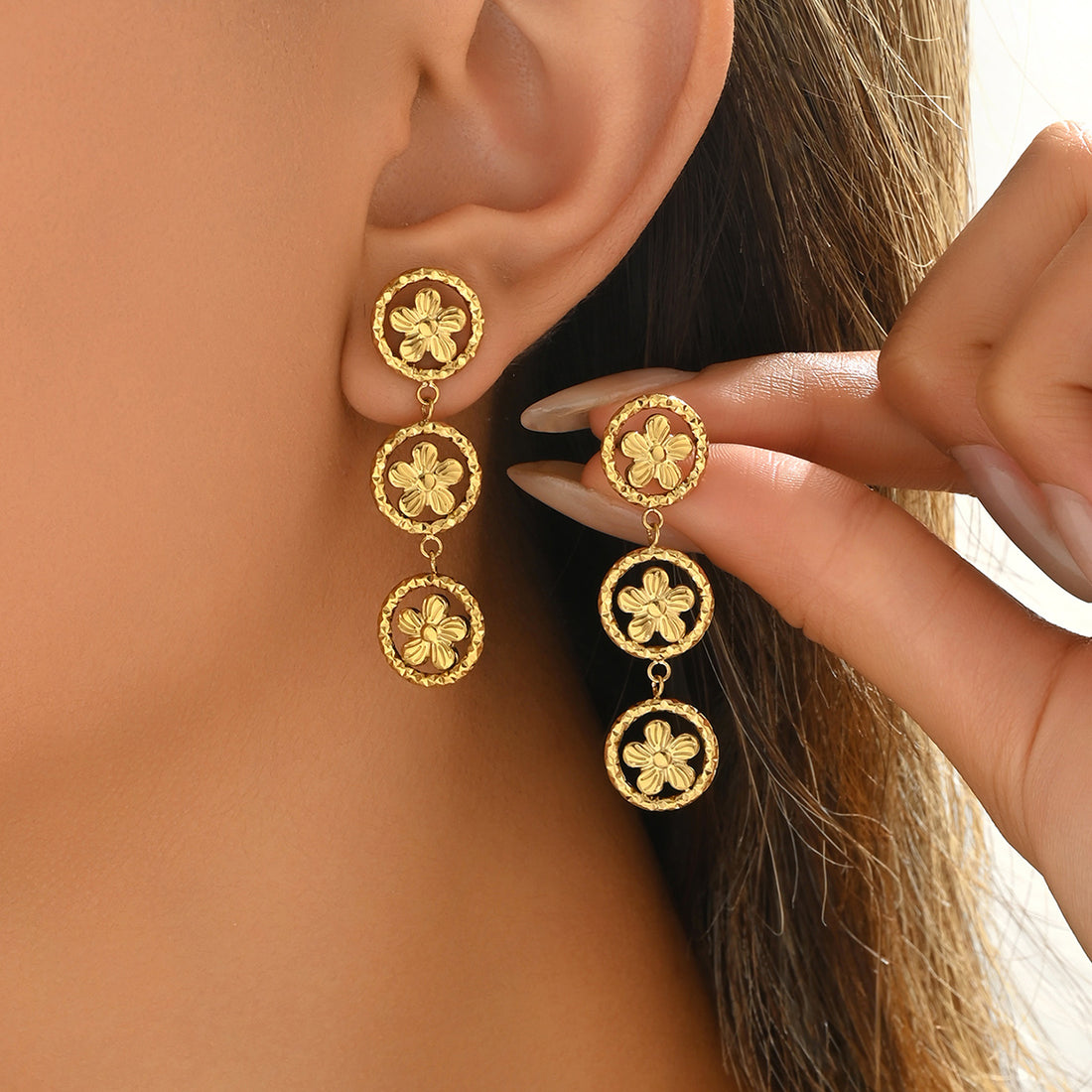 Textured Floral Double Drop Earrings
