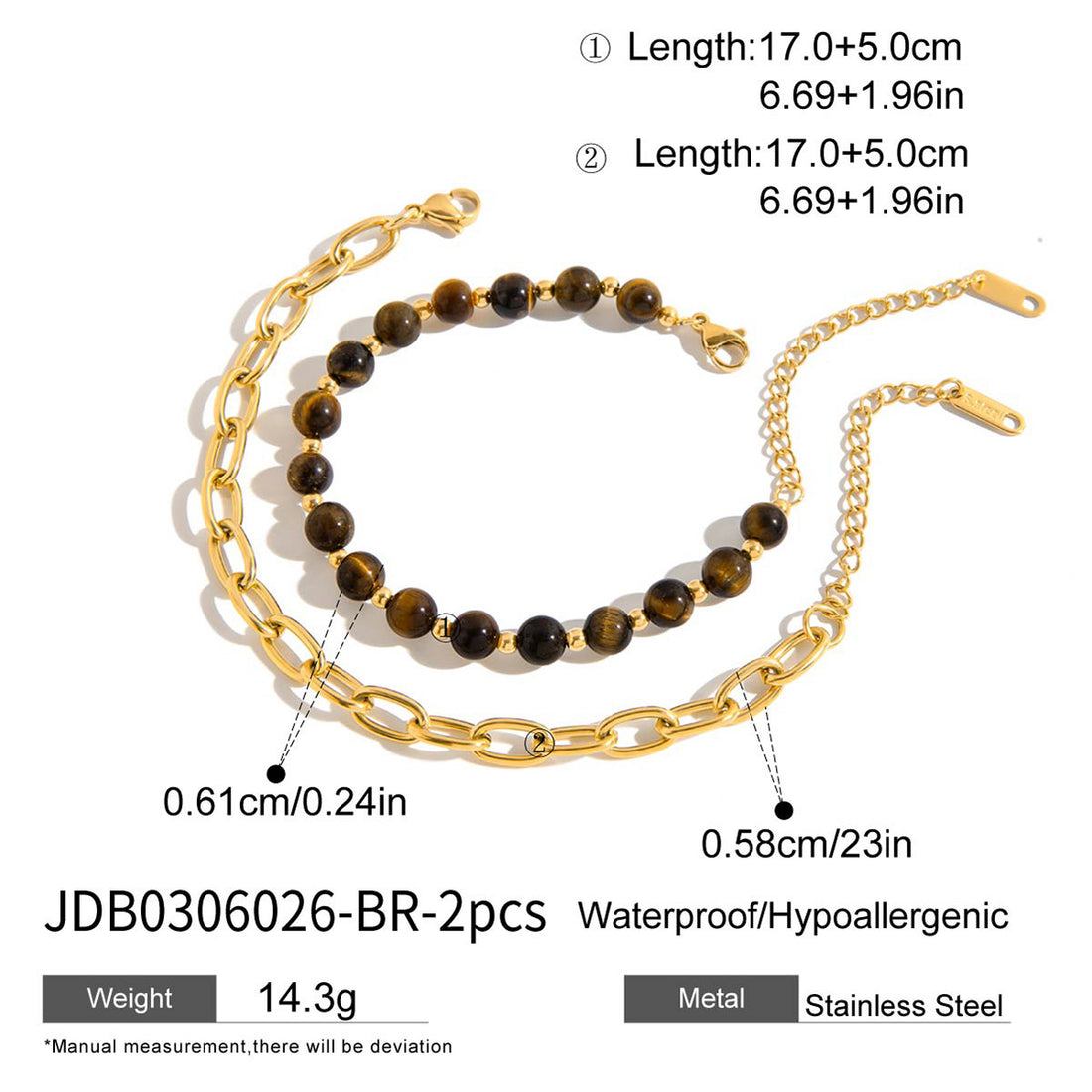 Gold chain necklace with black beads on a white background