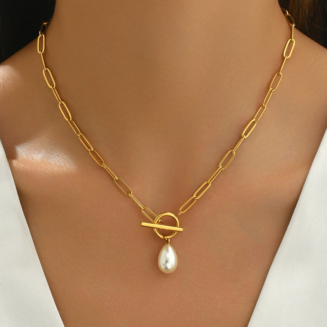 Pearl Drop Paperclip Necklace