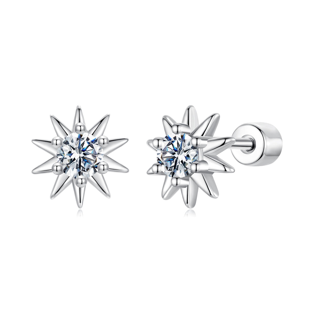 Star-shaped silver earrings with clear gemstones on a white background
